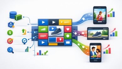 AI-powered advertising platform displaying video ads on multiple devices.