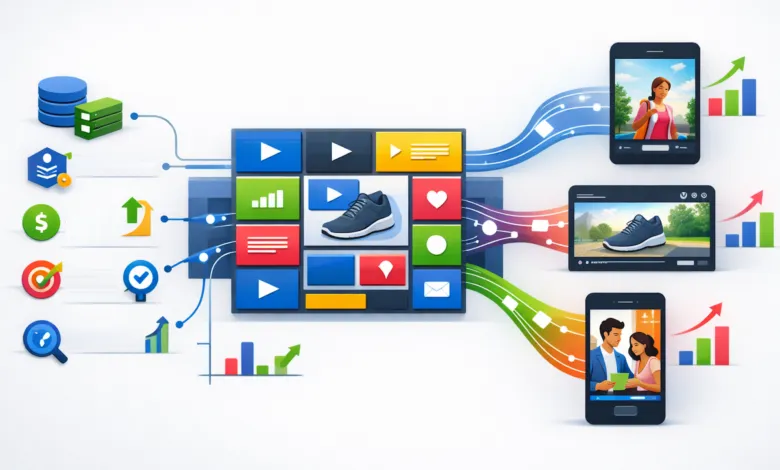 AI-powered advertising platform displaying video ads on multiple devices.