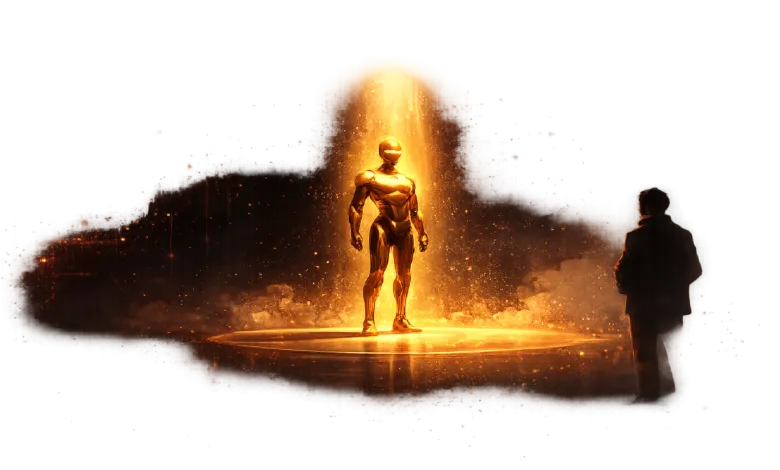 Golden robot stands on platform as human figure watches in the shadows.