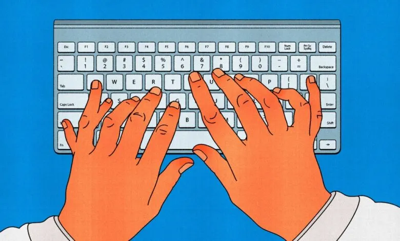 Hands typing on a computer keyboard with a blue background.