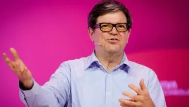Jeffrey Sachs speaks with hand gestures against pink backdrop.