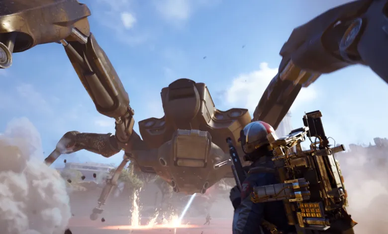 Futuristic soldier faces a giant robotic spider-like machine in battle.