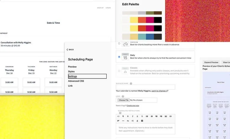 Acuity Scheduling interface showing appointment settings and customization options.