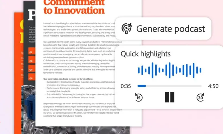 Adobe Acrobat Studio AI podcast generation and quick highlights interface.