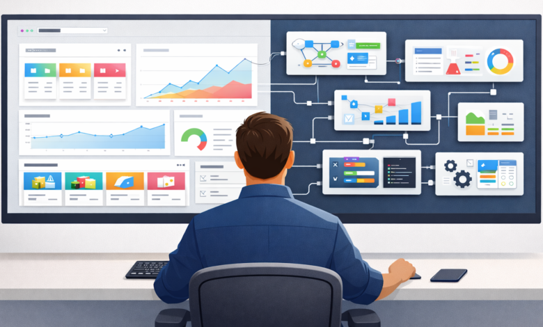 Person views dashboard with charts, graphs, and data visualizations on a large monitor.