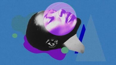 Abstract collage featuring a face with geometric shapes on a blue background.