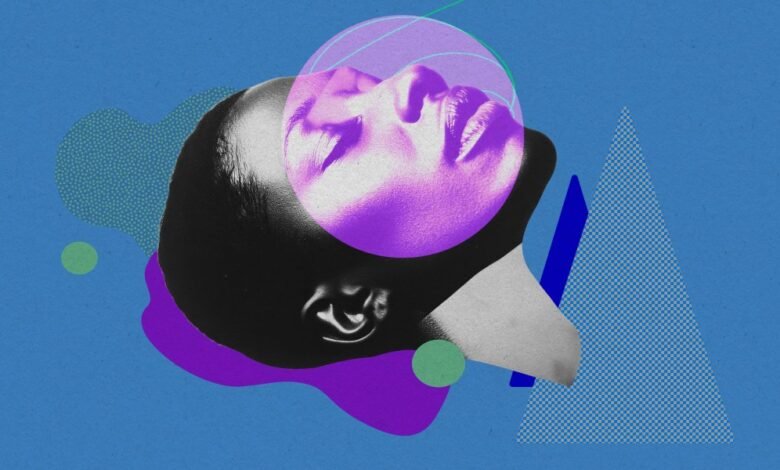 Abstract collage featuring a face with geometric shapes on a blue background.