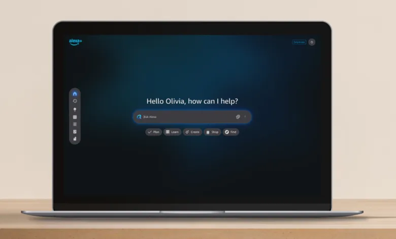 Laptop displaying Alexa interface with prompt 'Hello Olivia, how can I help?'