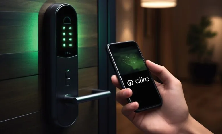 Smart lock with keypad and phone displaying 'aliro' app for keyless entry.
