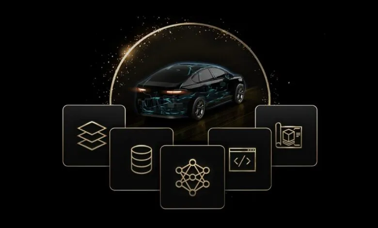 Black car with blue internal structure, surrounded by tech icons on a black background.