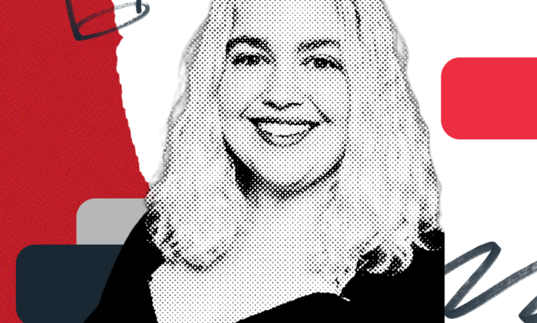 Portrait of Amanda Sellers with halftone effect and graphic elements.