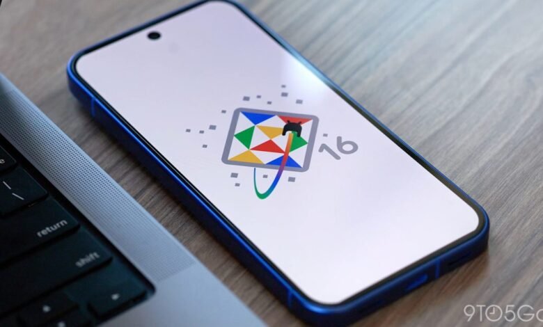 Smartphone displays Android 16 logo next to a laptop.