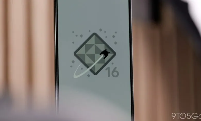 Android 16 logo displayed on a smartphone screen.