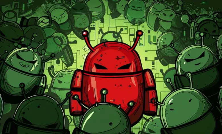 Illustration of a red Android robot surrounded by green Android robots.