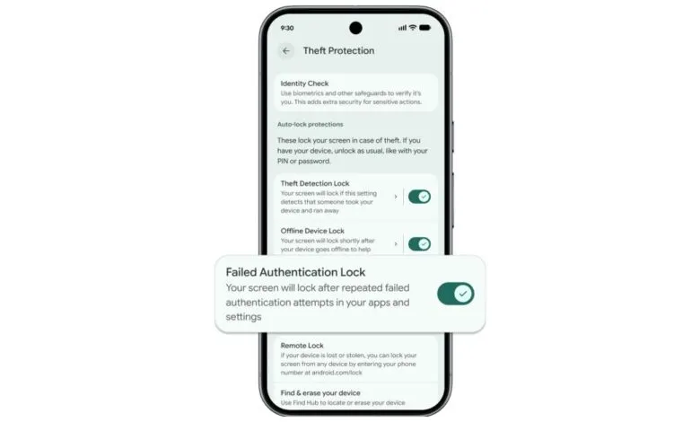 Android phone showing Theft Protection settings with Failed Authentication Lock enabled.