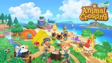 Animal Crossing: New Horizons promotional art featuring various characters on a vibrant island.