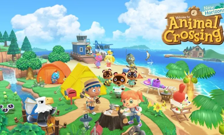 Animal Crossing: New Horizons promotional art featuring various characters on a vibrant island.