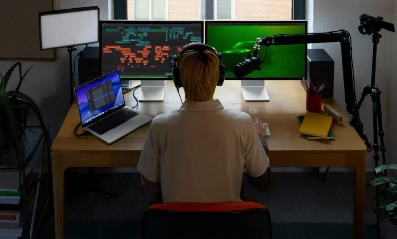 Person at desk with dual monitors, laptop, microphone, and lighting.