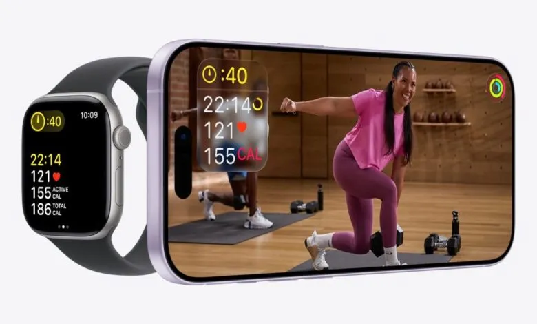 Apple Watch and iPhone display fitness data during a workout.