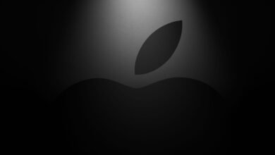 Apple logo in grayscale with a spotlight effect.