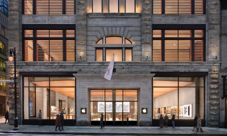 Exterior view of the Apple Store on Sainte-Catherine Street in Montreal, Canada.