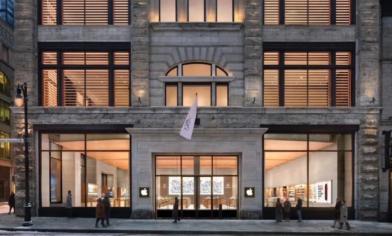 Exterior view of the Apple Store on Sainte-Catherine Street in Montreal, Canada.
