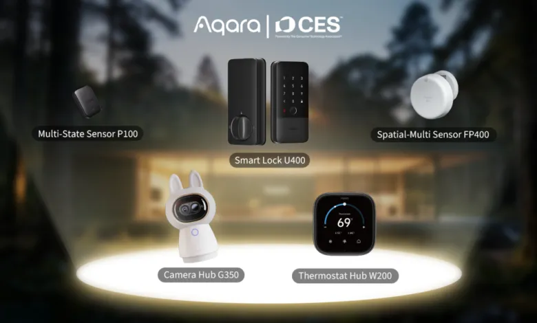 Aqara smart home devices including sensors, lock, camera, and thermostat at CES.
