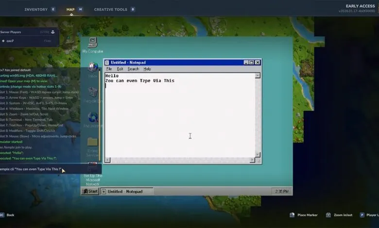 Game interface showing a Windows 95-style notepad on top of a game map.
