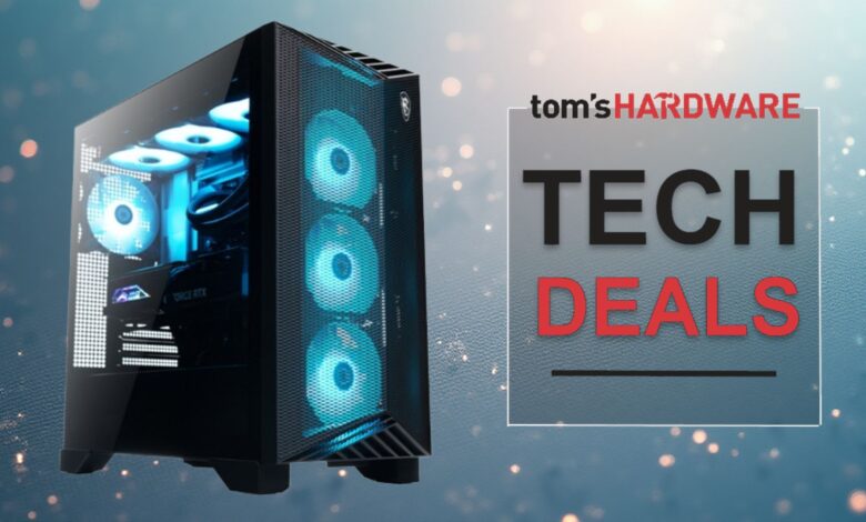 Gaming PC tower with blue LED fans and Tom's Hardware Tech Deals logo.