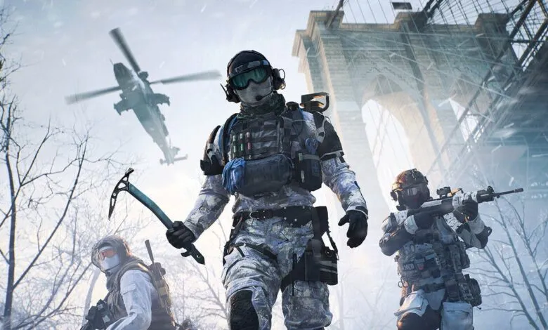 Three soldiers in winter gear stand before a bridge, helicopter overhead.