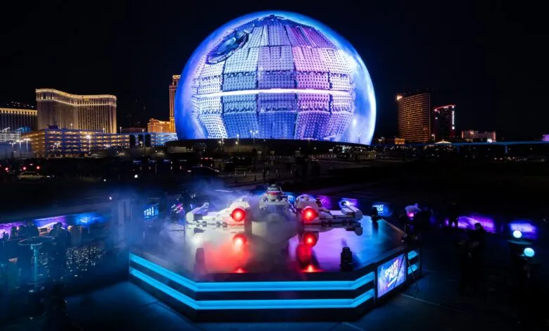 Las Vegas Sphere displays LEGO Death Star with X-Wing models on stage.