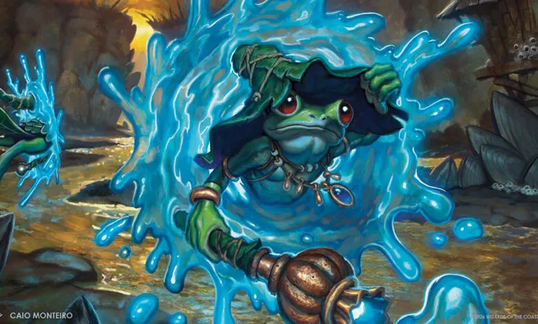 Frog wizard casting spell, surrounded by blue water splash effect.
