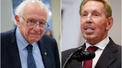 Split image of Bernie Sanders and Larry Ellison in formal attire.