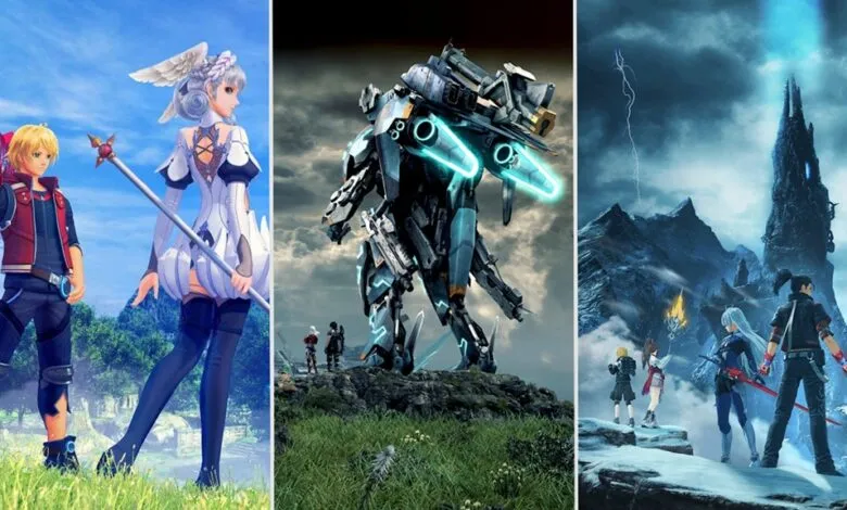 Three Xenoblade game scenes: Shulk & Fiora, mech, and party on snowy peak.