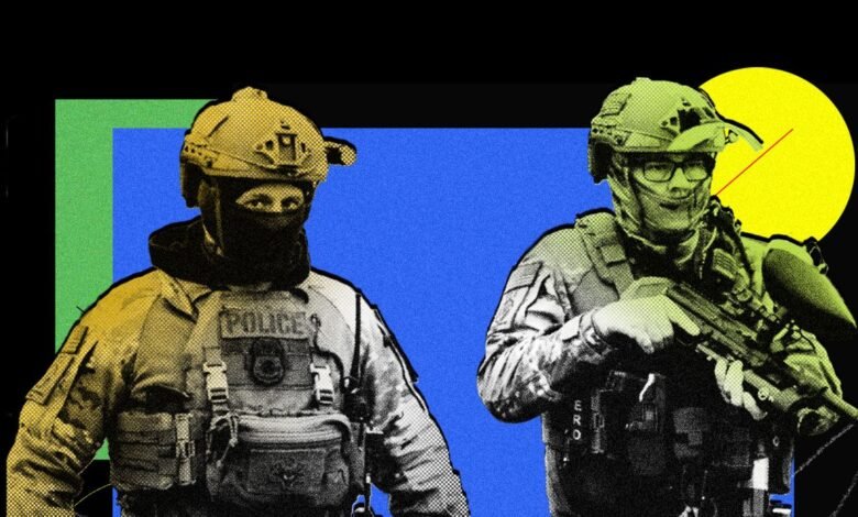 Two officers in tactical gear stand against a colorful, graphic background.