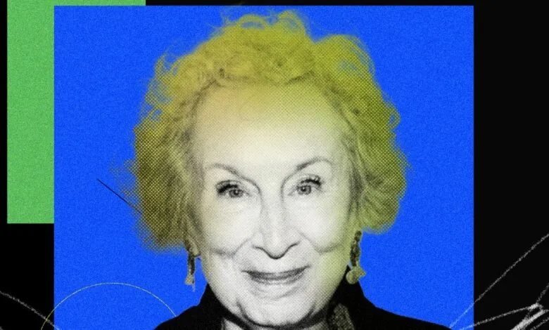 Portrait of Margaret Atwood with a bright, colorful background.