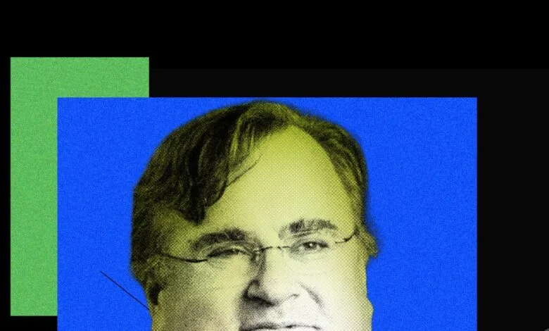 Stylized portrait of Reid Hoffman with green and blue geometric shapes.
