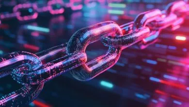 Close-up of a metallic chain with glowing pink and blue highlights.