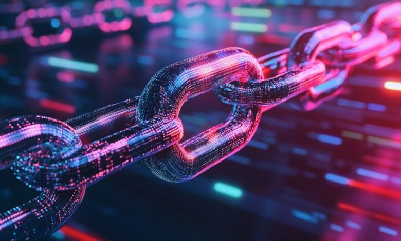 Close-up of a metallic chain with glowing pink and blue highlights.