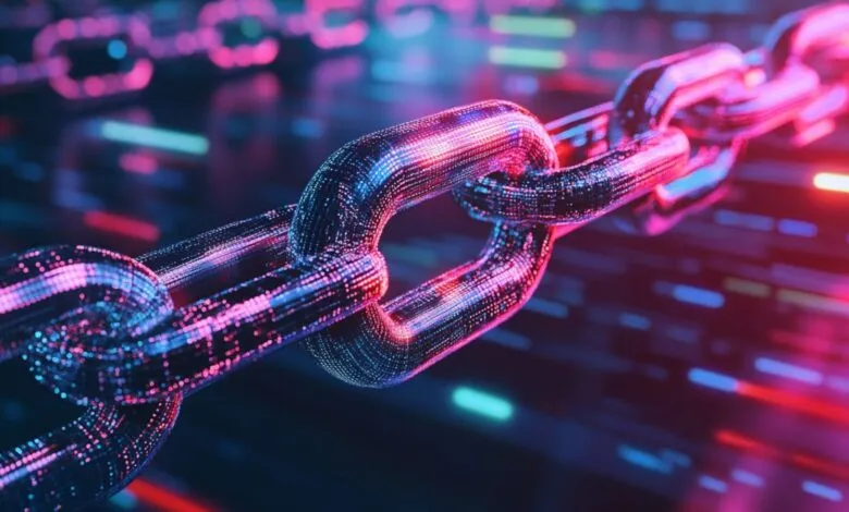 Close-up of a metallic chain with glowing pink and blue highlights.