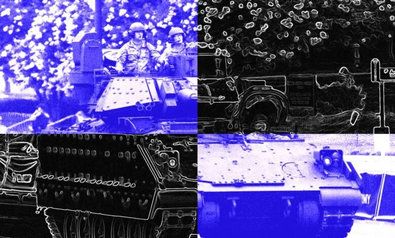 Split image of a military tank with soldiers, half in blue, half in black and white.