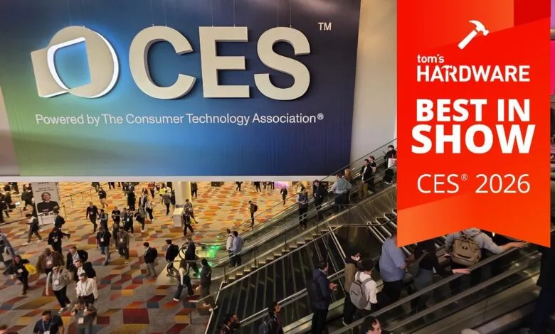 Crowd of people at CES 2026, Tom's Hardware Best in Show award displayed.