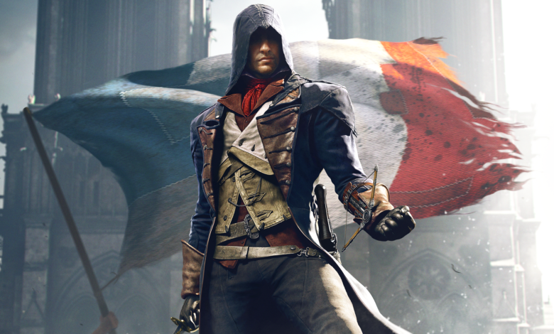 Assassin's Creed Unity character stands before French flag.