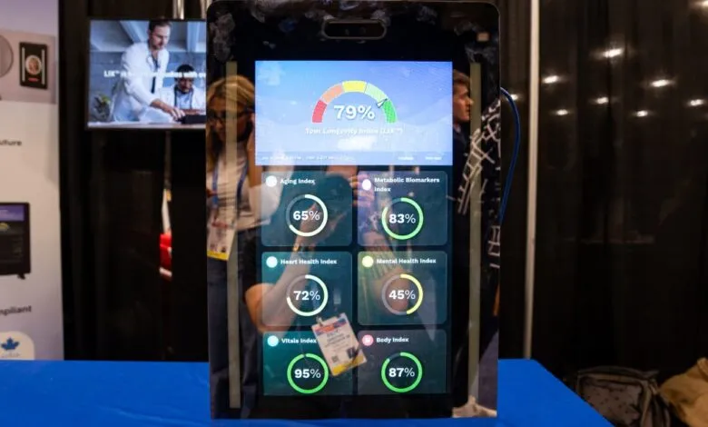 Smart mirror displaying health metrics like Longevity, Aging, and Heart Health Indexes.
