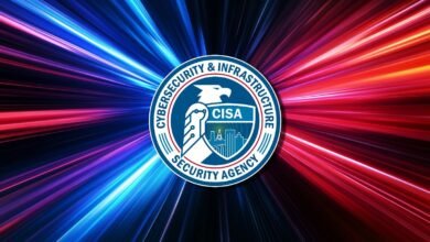 CISA logo with eagle, circuit board, and city skyline on a colorful background.
