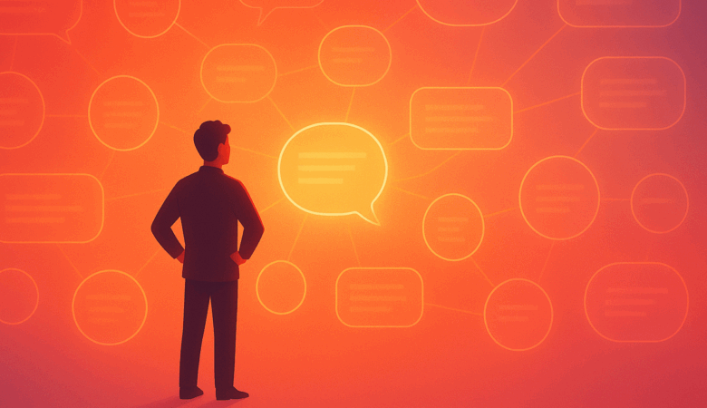 Person facing glowing network of connected speech bubbles.