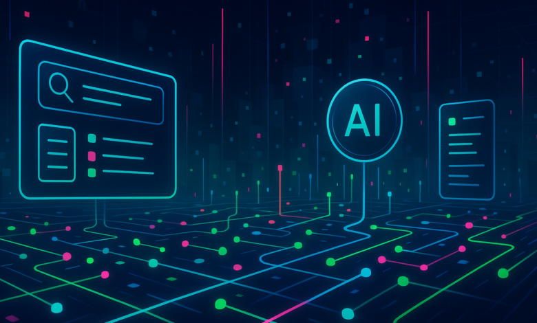 Abstract AI network with search interface and data representation.