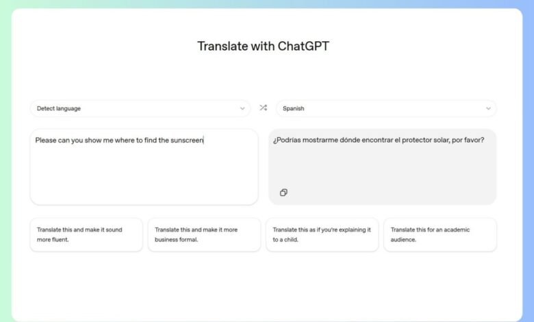 ChatGPT translation interface showing English to Spanish translation.