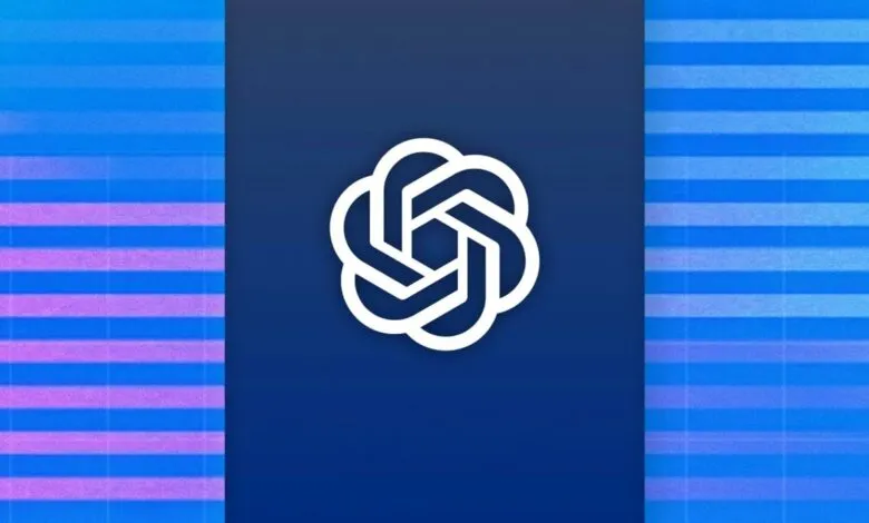 ChatGPT logo, a stylized white geometric shape on a blue background.