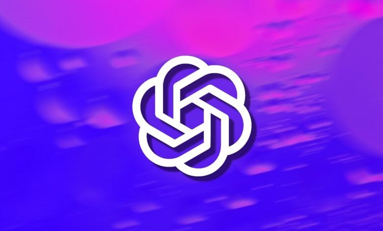ChatGPT logo, a stylized geometric shape, on a blurred purple background.